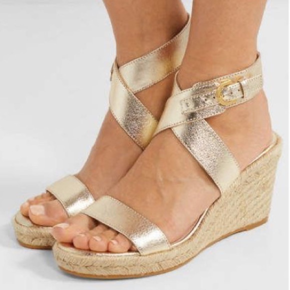 Stuart Weitzman Lexia Gold Metallic Textured-Leather Espadrille Wedge Sandals 8 - Picture 1 of 12